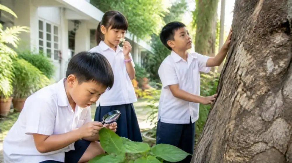 小朋友在校園觀察植物